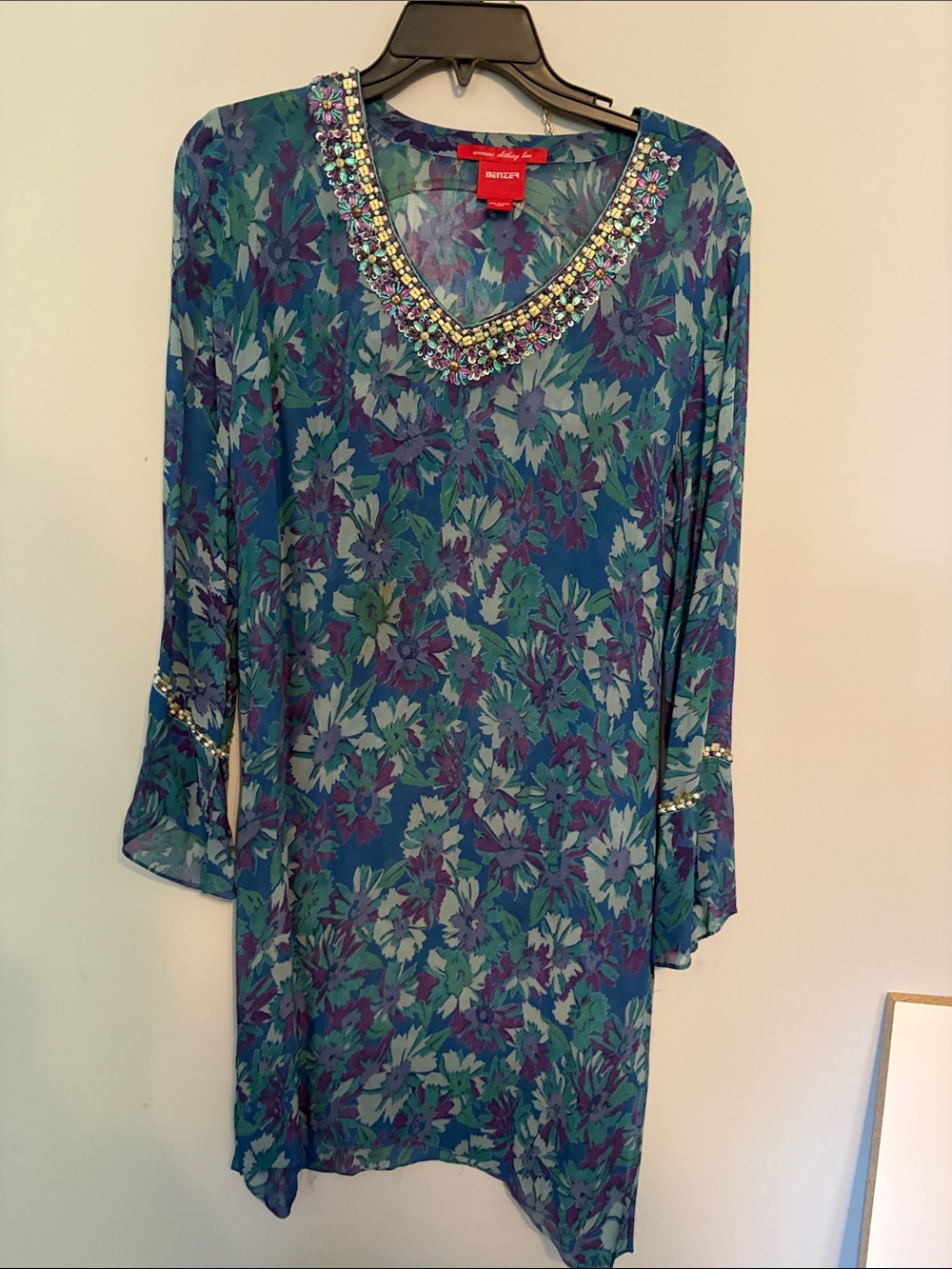 Beaded V-Neck Floral Tunic in Teal and Purple